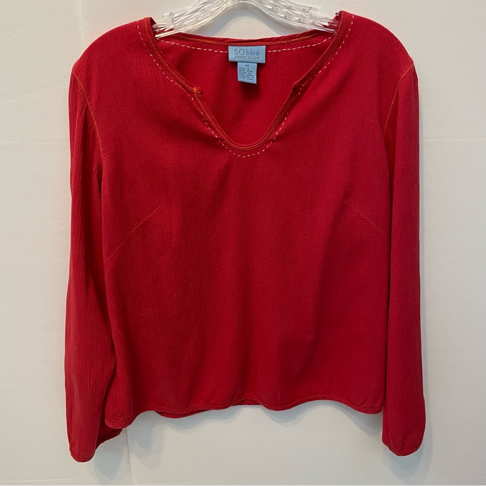 SO Blue Sigrid Olsen Red Long Sleeve Cotton Top/Blouse Sz M
